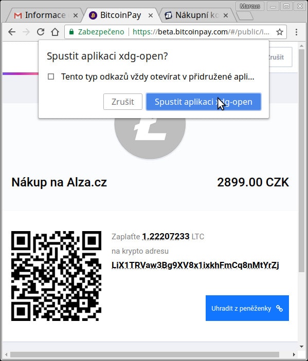 Bitcoinpay - platba LTC na alza.cz, na linuxu je detekován typ odkazu pro litecoinové adresy a formou xdg-open je možné spustit asociovaný program